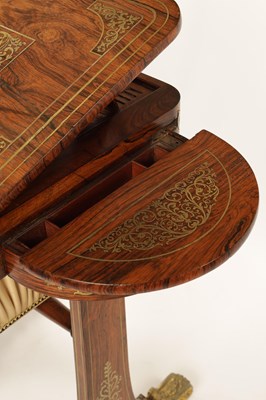Lot 1191 - A FINE REGENCY BRASS INLAID FIGURED ROSEWOOD WORK TABLE IN THE MANNER OF GILLOWS