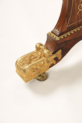 Lot 1191 - A FINE REGENCY BRASS INLAID FIGURED ROSEWOOD WORK TABLE IN THE MANNER OF GILLOWS