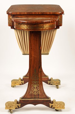 Lot 1191 - A FINE REGENCY BRASS INLAID FIGURED ROSEWOOD WORK TABLE IN THE MANNER OF GILLOWS