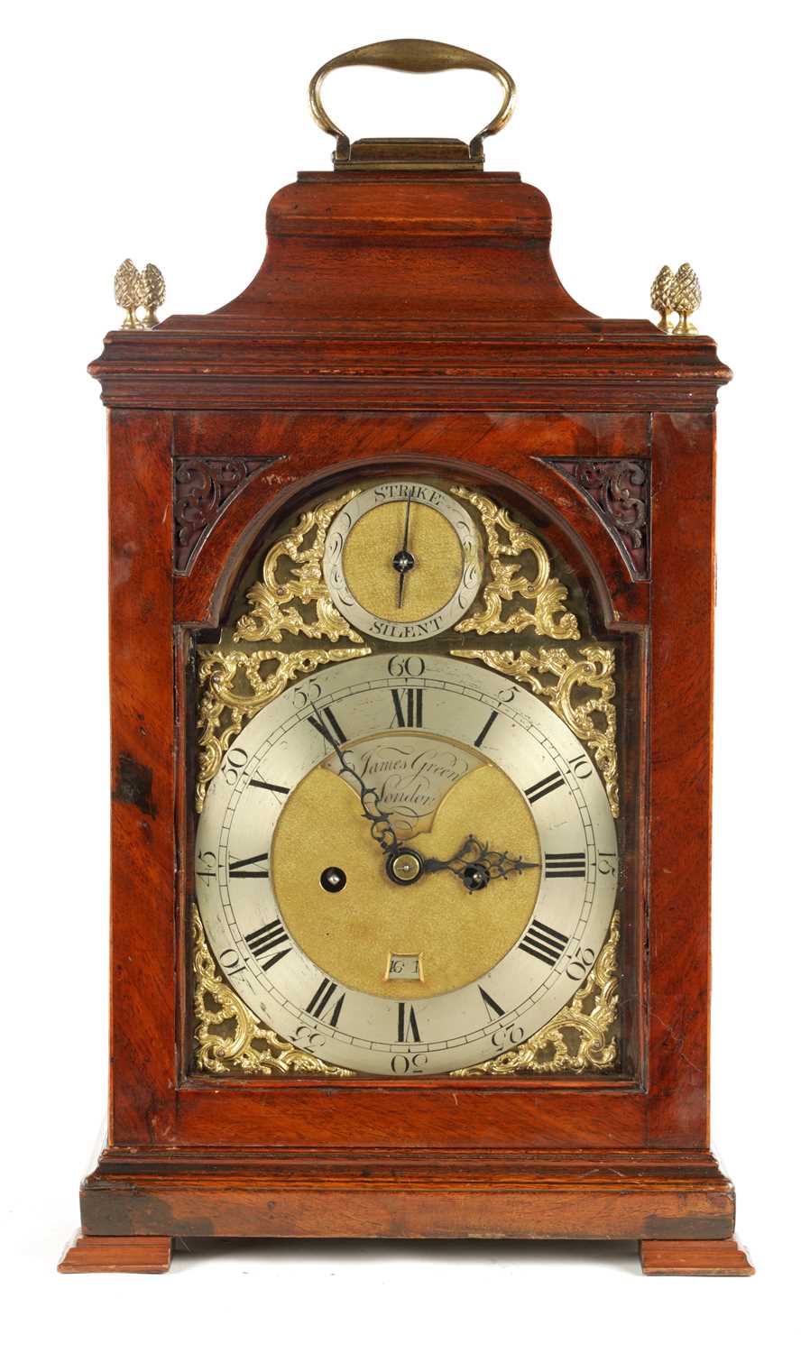 Lot 995 - JAMES GREEN, LONDON. A GEORGE III MAHOGANY DOUBLE FUSEE BRACKET CLOCK