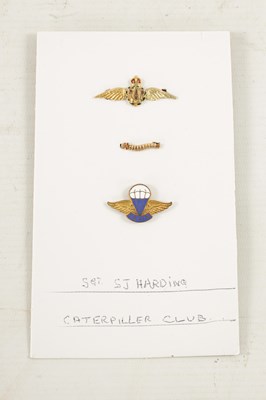 Lot 821 - A RARE WW2 GOLD CATERPILLAR CLUB BADGE WITH RUBY EYES AWARDED TO SERGEANT S.J. HARDING