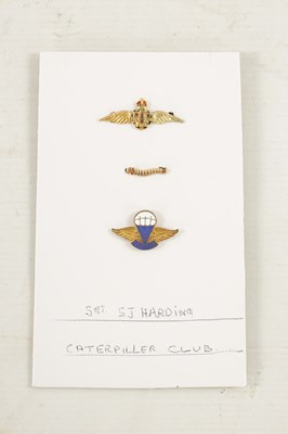 Lot 821 - A RARE WW2 GOLD CATERPILLAR CLUB BADGE WITH RUBY EYES AWARDED TO SERGEANT S.J. HARDING