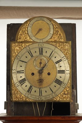 Lot 1222 - HINDLEY, YORK. A GEORGE II EIGHT DAY OAK CASED LONGCASE CLOCK