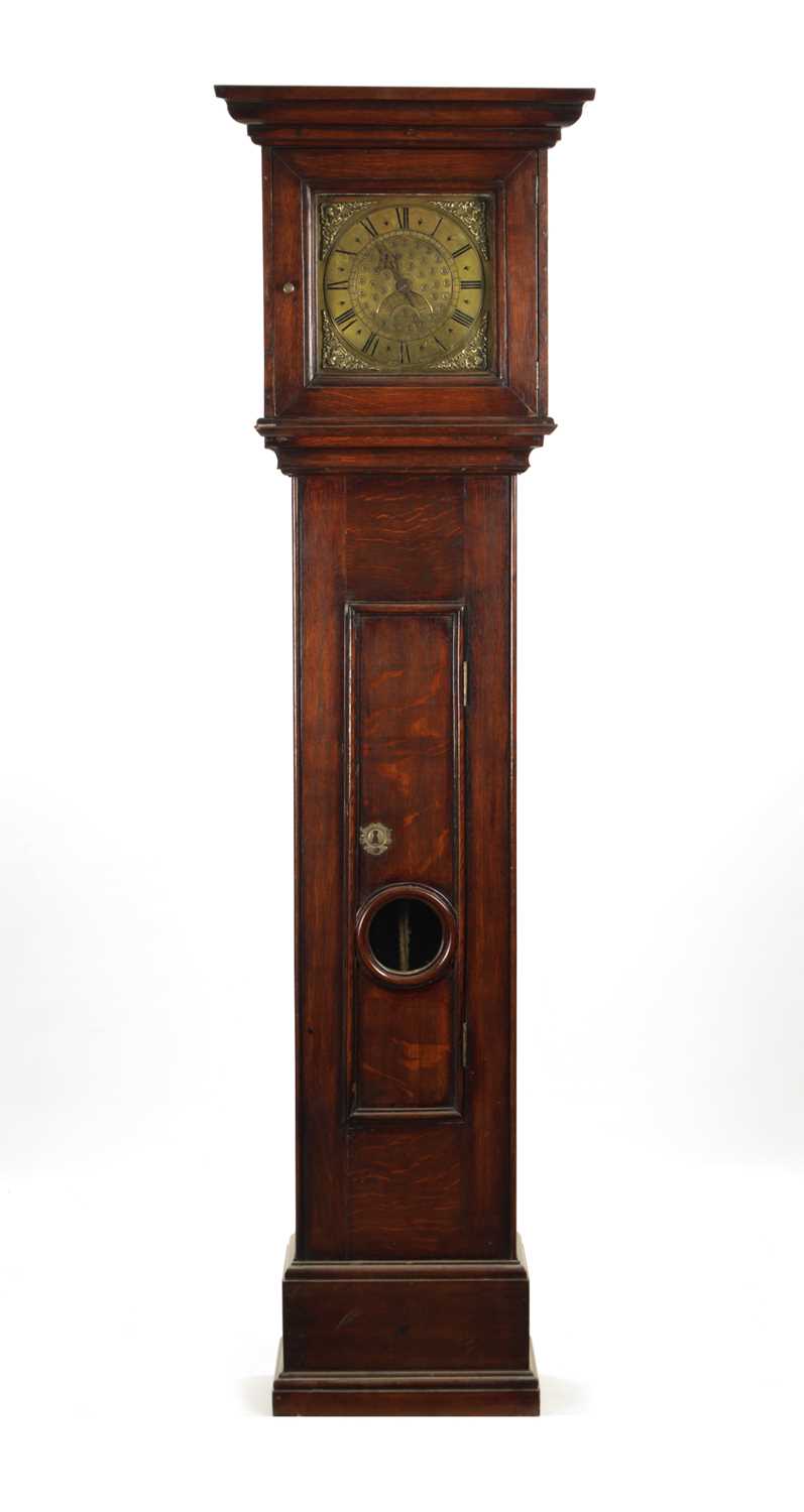Lot 1221 - HAVELOCK, GISBROUGH. AN EARLY 18TH CENTURY OAK 30-HOUR LONGCASE CLOCK