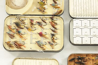 Lot 627 - SEVEN VINTAGE HARDY FISHING FLY TINS WITH VARIOUS SALMON AND TROUT FILES