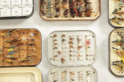 Lot 627 - SEVEN VINTAGE HARDY FISHING FLY TINS WITH VARIOUS SALMON AND TROUT FILES