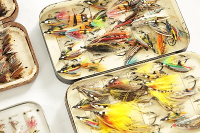 Lot 627 - SEVEN VINTAGE HARDY FISHING FLY TINS WITH VARIOUS SALMON AND TROUT FILES