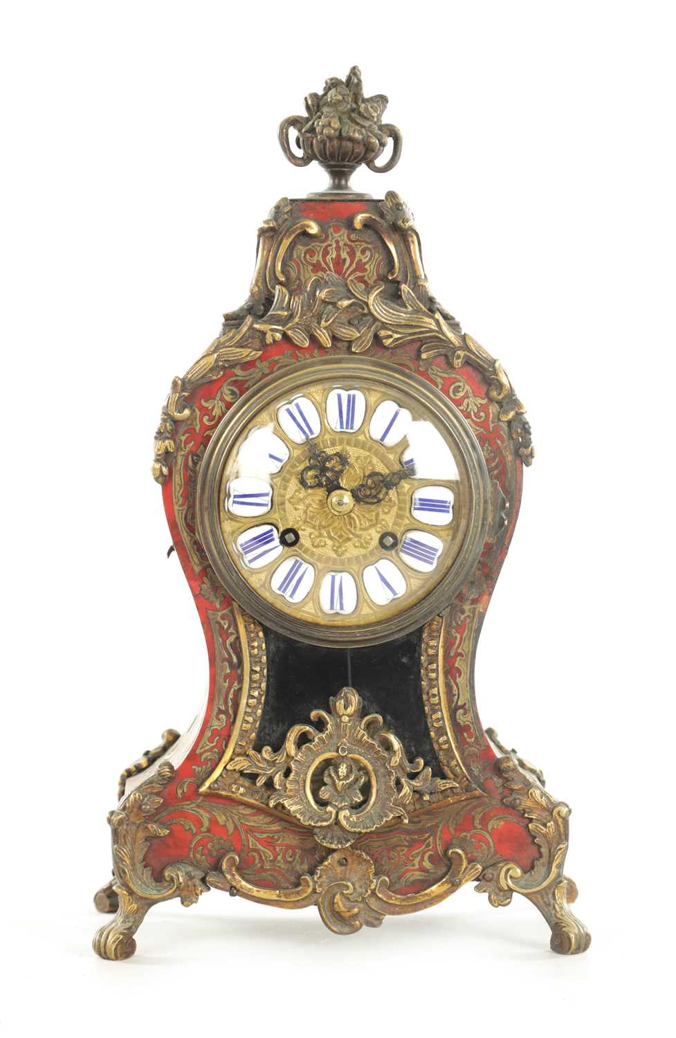 Lot 1121 - A 19TH CENTURY FRENCH ROCOCO BRASS MOUNTED AND INLAID RED TORTOISESHELL BOULLEWORK MANTEL CLOCK
