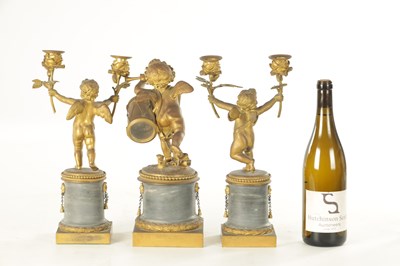 Lot 1051 - A 19TH CENTURY FRENCH ORMOLU AND MARBLE FIGURAL CLOCK GARNITURE