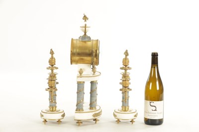 Lot 1058 - A 19TH CENTURY FRENCH MARBLE AND ORMOLU MOUNTED CLOCK GARNITURE