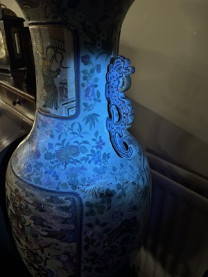 Lot 120 - AN IMPRESSIVE PAIR OF 19TH CENTURY CANTONESE CELADON GROUND AND FAMILLE ROSE HALL VASES ON LATE REGENCY ROSEWOOD STANDS