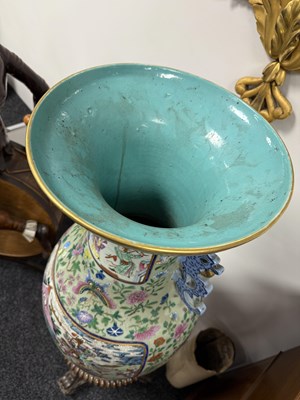 Lot 120 - AN IMPRESSIVE PAIR OF 19TH CENTURY CANTONESE CELADON GROUND AND FAMILLE ROSE HALL VASES ON LATE REGENCY ROSEWOOD STANDS