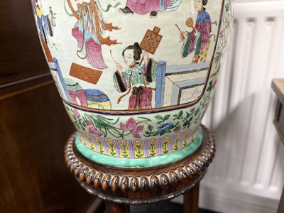 Lot 120 - AN IMPRESSIVE PAIR OF 19TH CENTURY CANTONESE CELADON GROUND AND FAMILLE ROSE HALL VASES ON LATE REGENCY ROSEWOOD STANDS