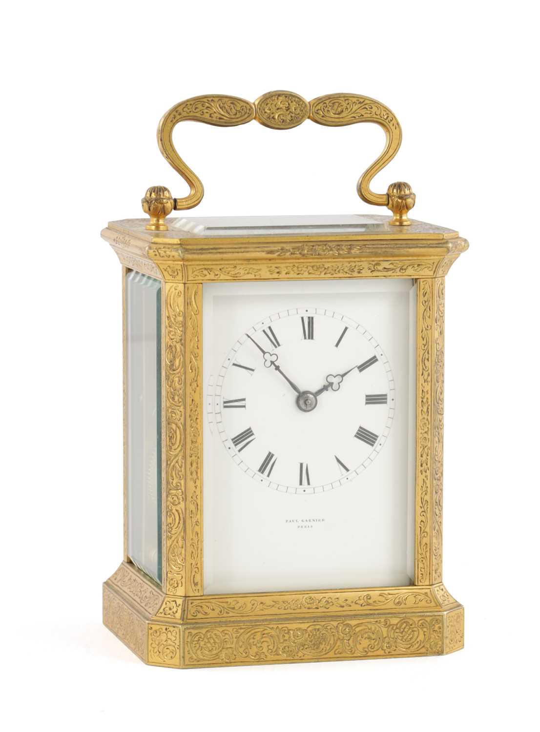 Lot 1470 - PAUL GARNIER, PARIS. A 19TH CENTURY FRENCH GILT ENGRAVED STRIKING CARRIAGE CLOCK
