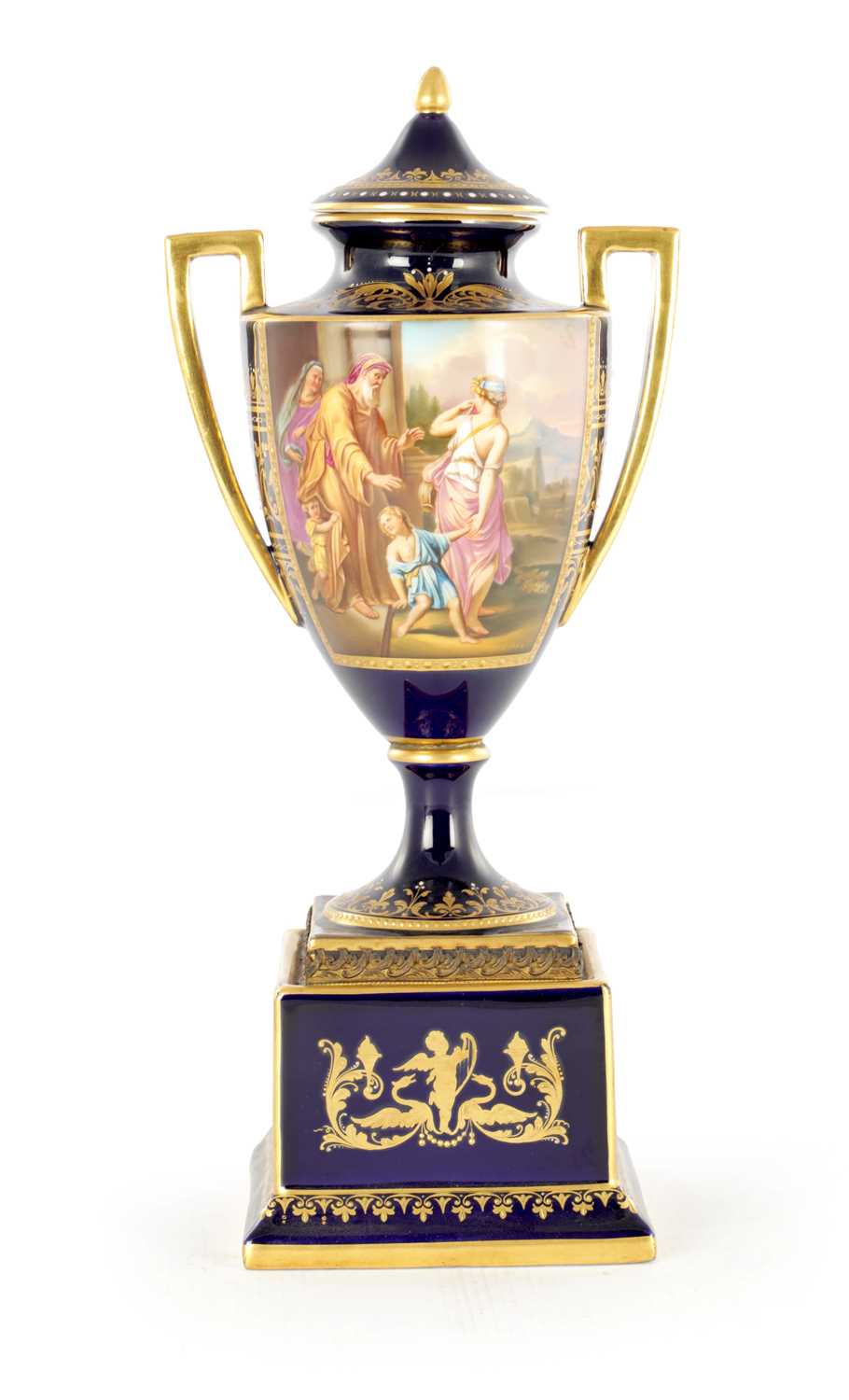 Lot 80 - A 19TH CENTURY VIENNA PORCELAIN TWO HANDLED LIDDED URN SHAPED VASE ON PEDESTAL