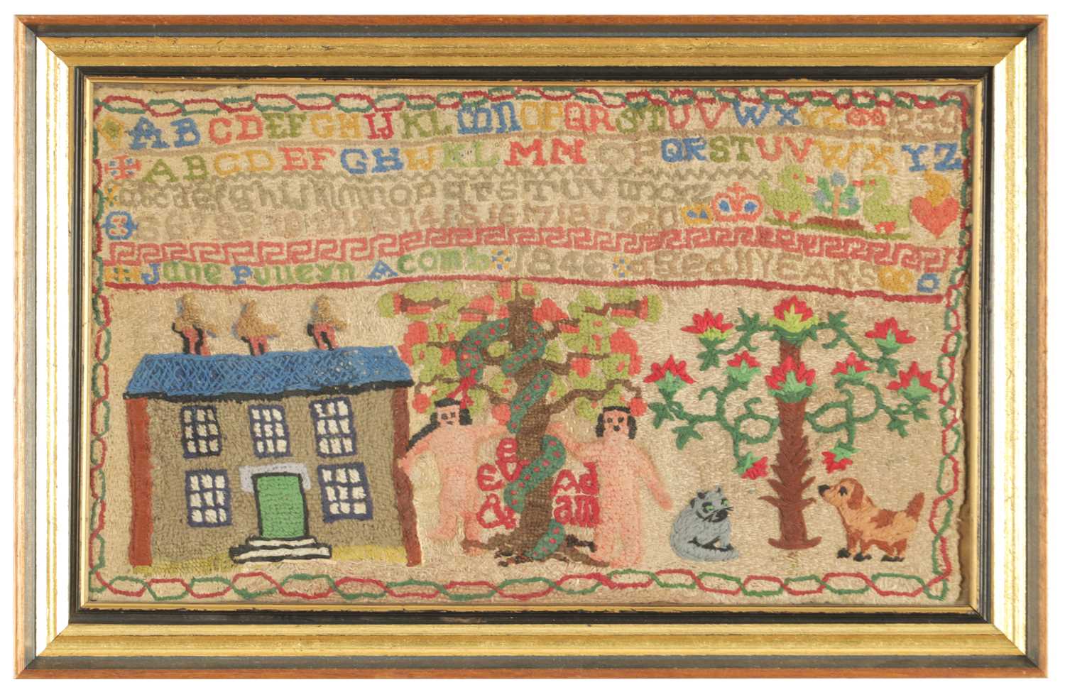 Lot 1058 - A 19TH CENTURY ADAM AND EVE SAMPLER BY JANE PULLEYN ACOMB AGED 11 YEARS