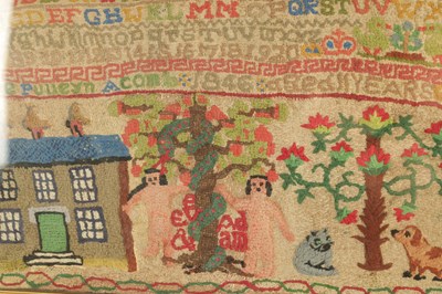 Lot 1058 - A 19TH CENTURY ADAM AND EVE SAMPLER BY JANE PULLEYN ACOMB AGED 11 YEARS