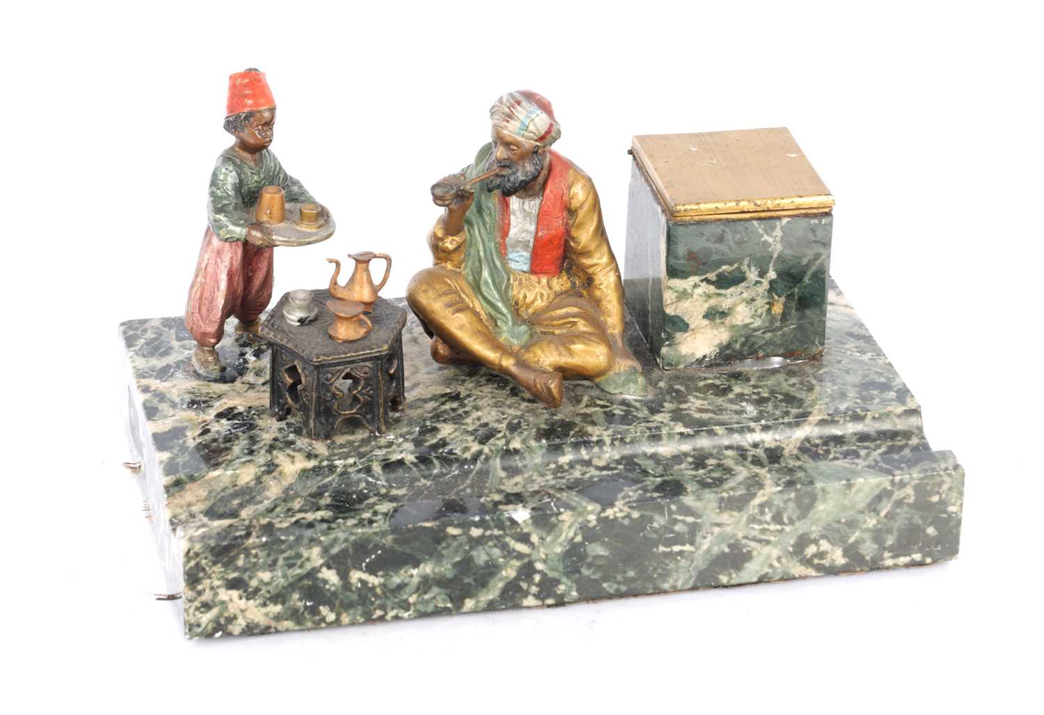 Lot 505 - ATTRIBUTED TO FRANZ BERGMANN, A 19TH CENTURY COLD PAINTED BRONZE AND MARBLE FIGURAL INKSTAND