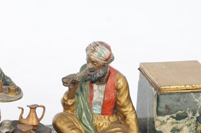 Lot 505 - ATTRIBUTED TO FRANZ BERGMANN, A 19TH CENTURY COLD PAINTED BRONZE AND MARBLE FIGURAL INKSTAND