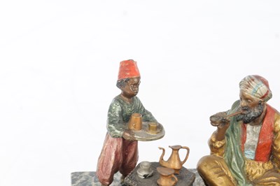 Lot 505 - ATTRIBUTED TO FRANZ BERGMANN, A 19TH CENTURY COLD PAINTED BRONZE AND MARBLE FIGURAL INKSTAND