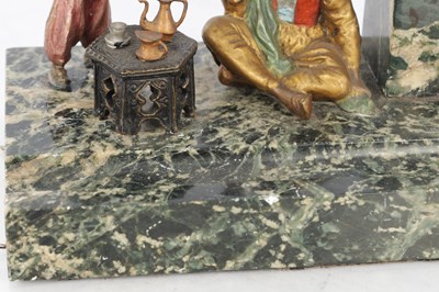 Lot 505 - ATTRIBUTED TO FRANZ BERGMANN, A 19TH CENTURY COLD PAINTED BRONZE AND MARBLE FIGURAL INKSTAND