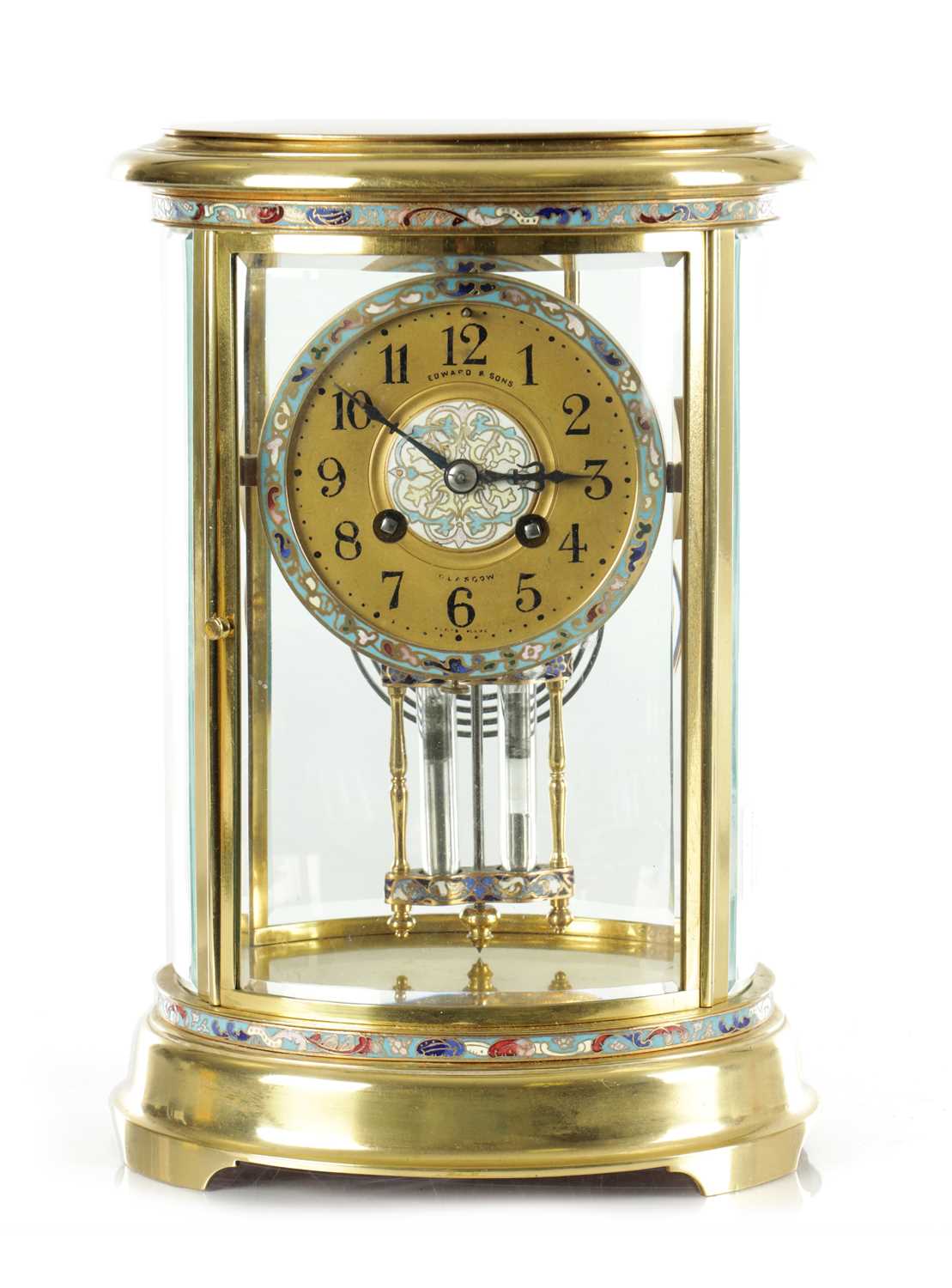 Lot 1332 - A LATE 19TH CENTURY FRENCH BRASS AND CHAMPLEVE ENAMEL OVAL FOUR-GLASS MANTEL CLOCK