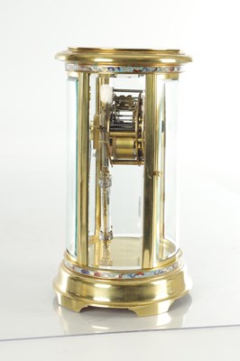 Lot 1332 - A LATE 19TH CENTURY FRENCH BRASS AND CHAMPLEVE ENAMEL OVAL FOUR-GLASS MANTEL CLOCK