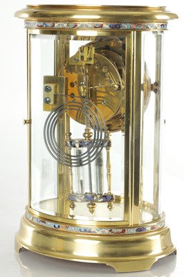Lot 1332 - A LATE 19TH CENTURY FRENCH BRASS AND CHAMPLEVE ENAMEL OVAL FOUR-GLASS MANTEL CLOCK