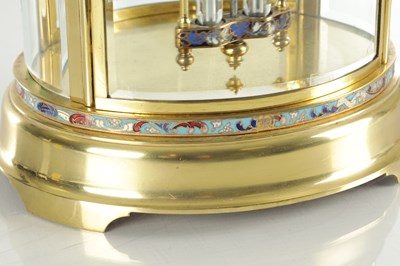 Lot 1332 - A LATE 19TH CENTURY FRENCH BRASS AND CHAMPLEVE ENAMEL OVAL FOUR-GLASS MANTEL CLOCK