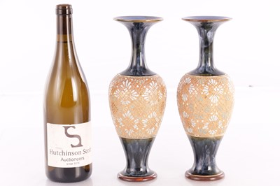 Lot 33 - A PAIR OF DOULTON LAMBETH STONEWARE OVOID VASES WITH SLENDER FLARED NECKS