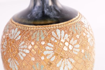 Lot 33 - A PAIR OF DOULTON LAMBETH STONEWARE OVOID VASES WITH SLENDER FLARED NECKS