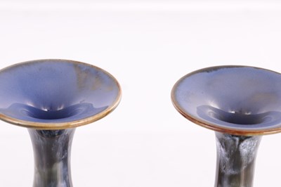 Lot 33 - A PAIR OF DOULTON LAMBETH STONEWARE OVOID VASES WITH SLENDER FLARED NECKS