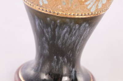 Lot 33 - A PAIR OF DOULTON LAMBETH STONEWARE OVOID VASES WITH SLENDER FLARED NECKS