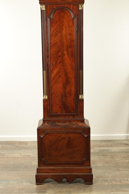Lot 1335 - SAMUEL LONGHAM, LONDON. A GEORGE III FIGURED MAHOGANY SILVERED DIAL ROCKING SHIP AUTOMANTAN EIGHT-DAY LONGCASE CLOCK