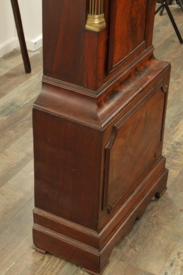 Lot 1335 - SAMUEL LONGHAM, LONDON. A GEORGE III FIGURED MAHOGANY SILVERED DIAL ROCKING SHIP AUTOMANTAN EIGHT-DAY LONGCASE CLOCK