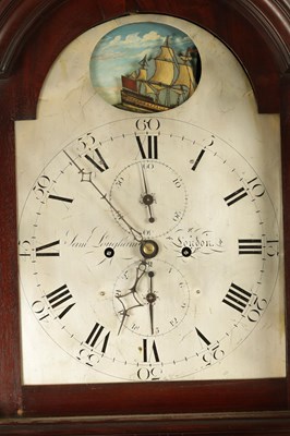Lot 1335 - SAMUEL LONGHAM, LONDON. A GEORGE III FIGURED MAHOGANY SILVERED DIAL ROCKING SHIP AUTOMANTAN EIGHT-DAY LONGCASE CLOCK