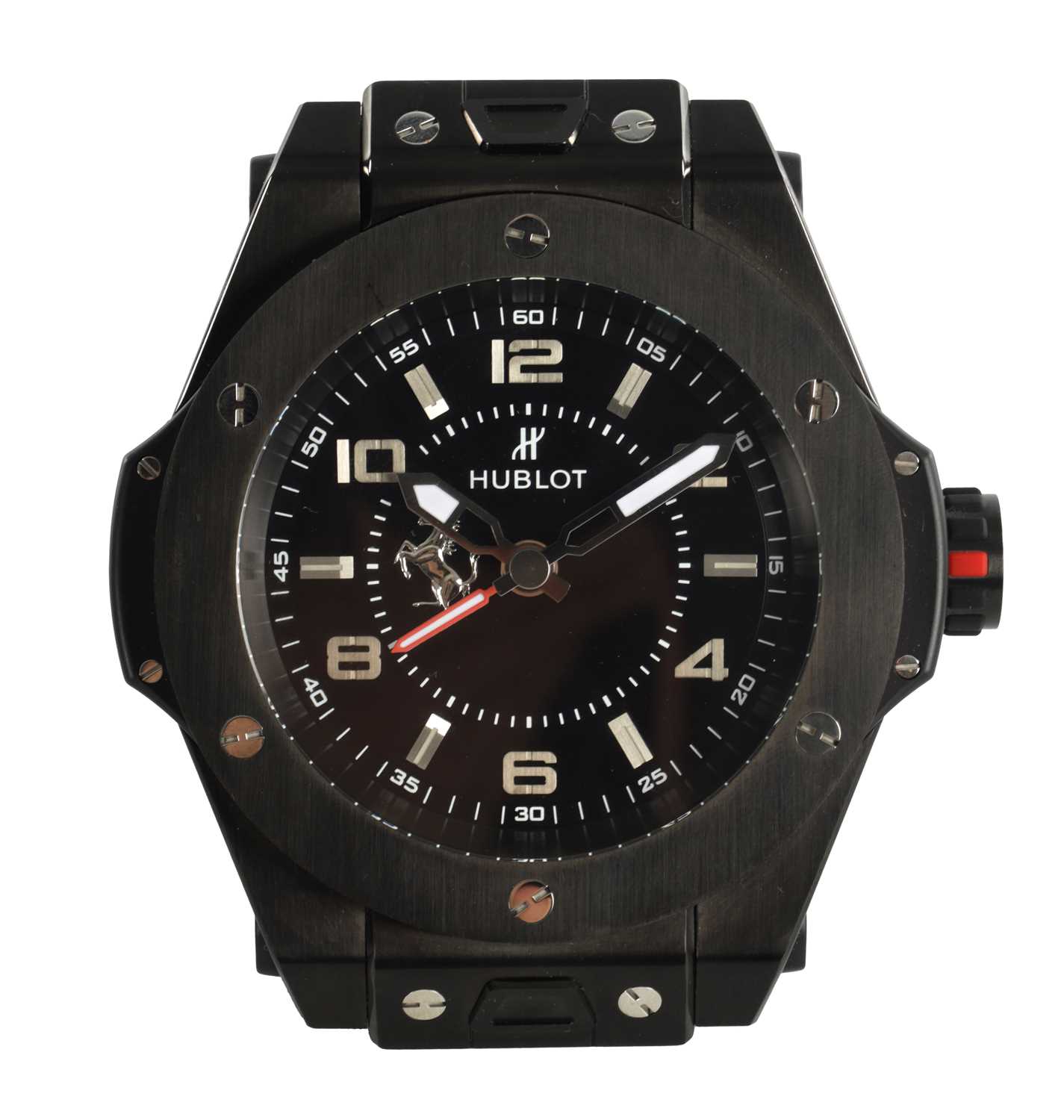 Lot 976 - A BLACK STEEL HUBLOT BIG BANG FERRARI DESK CLOCK