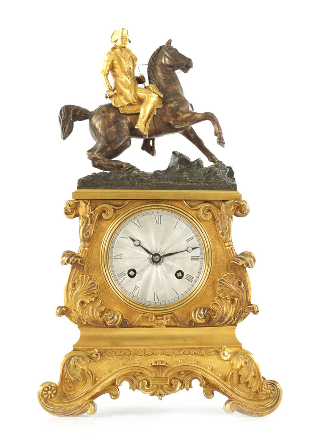 Lot 956 - A SMALL EARLY 19TH CENTURY FRENCH ORMOLU AND BRONZE FIGURAL MANTEL CLOCK