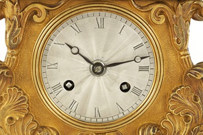 Lot 956 - A SMALL EARLY 19TH CENTURY FRENCH ORMOLU AND BRONZE FIGURAL MANTEL CLOCK