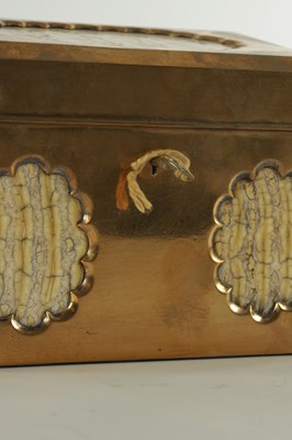 Lot 543 - A 19TH CENTURY GILT BRASS STATIONARY BOX WITH DECORATIVE MAMMOTH TOOTH INLAYS