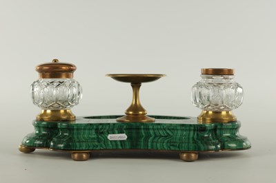 Lot 542 - A 19TH CENTURY FRENCH MALACHITE AND ORMOLU INK STAND