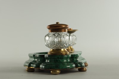 Lot 542 - A 19TH CENTURY FRENCH MALACHITE AND ORMOLU INK STAND