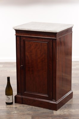 Lot 1230 - A 19TH CENTURY MAHOGANY PEDESTAL SAFE CABINET WITH A WHITE MARBLE TOP