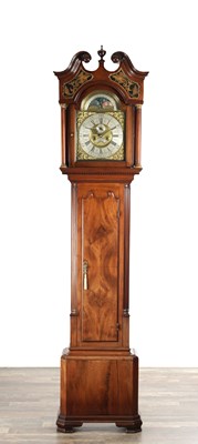 Lot 1239 - THOMAS LISTER, LUDDENDEN. A GEORGE III FIGURED MAHOGANY LONGCASE CLOCK WITH MOONPHASE