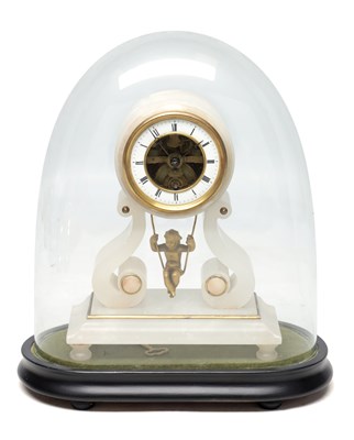 Lot 1194 - A LATE 19TH CENTURY FRENCH ALABASTER SWINGING CHERUB MANTEL CLOCK
