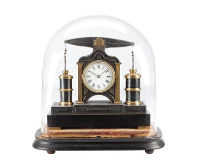 Lot 1350 - GUILMET, PARIS. A LATE 19TH CENTURY FRENCH BLACK AND GILT BRASS INDUSTRIAL BEAM ENGINE AUTOMATON MANTEL CLOCK UNDER GLASS DOME