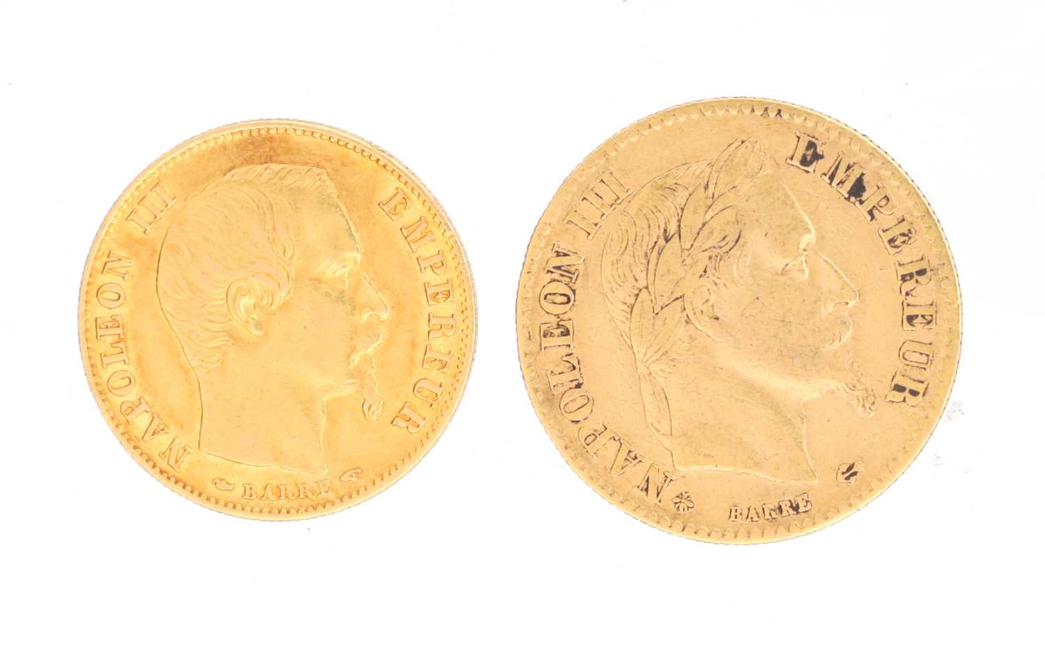 Lot TWO MID 19TH CENTURY FRENCH GOLD 10 FRANC COINS NAPOLEON III