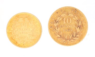 Lot TWO MID 19TH CENTURY FRENCH GOLD 10 FRANC COINS NAPOLEON III