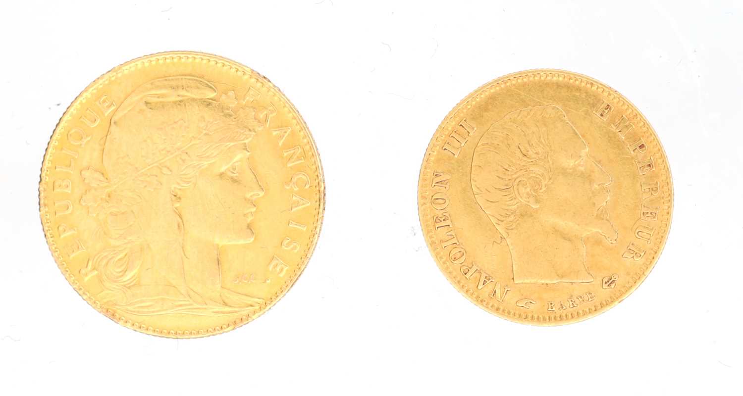 366 - AN 1856 AND 1912 FRENCH GOLD COINS 10 FRANC AND 5 FRANC