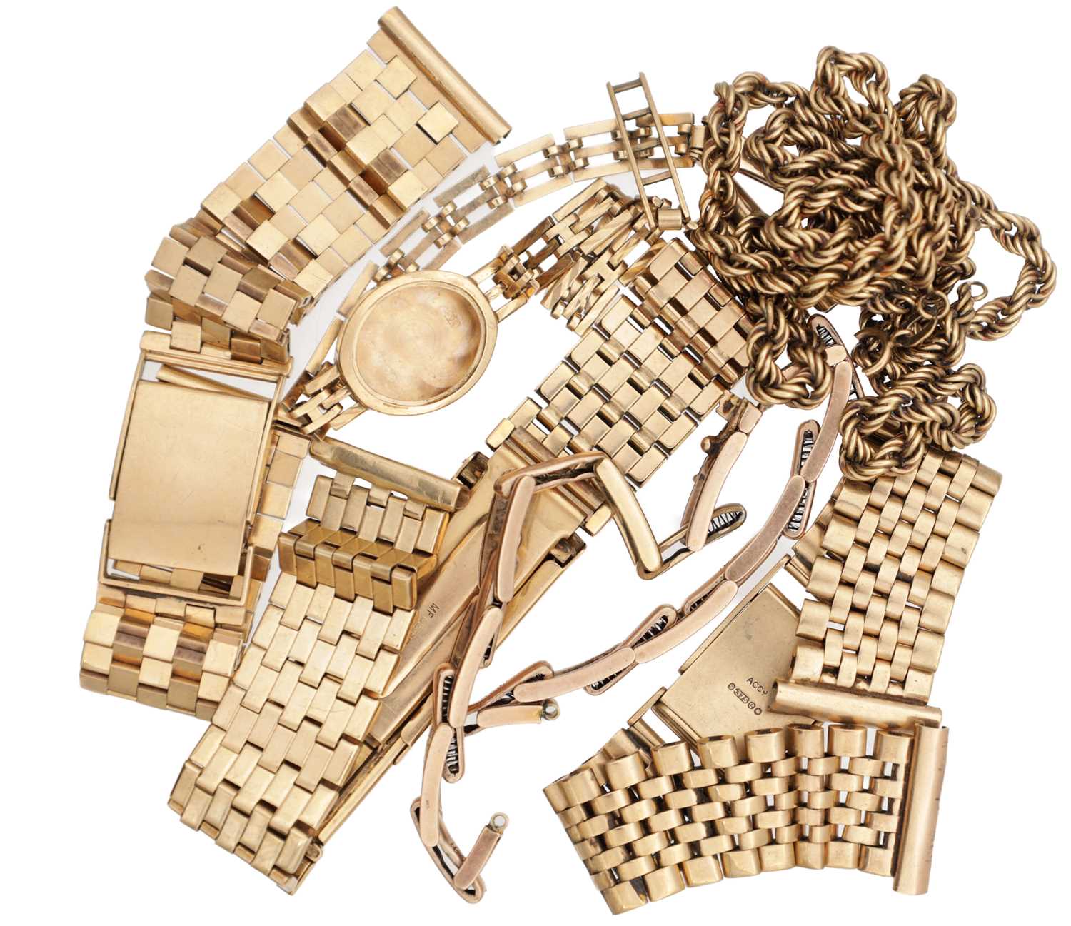 Lot 355 - A COLLECTION OF 9CT GOLD WATCH BRACELETS AND A CHAIN